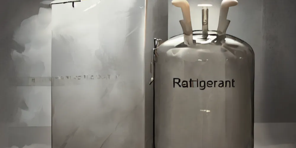 Une illustration stylisée d'un cylindre de réfrigérant argenté avec le mot « Refrigerant » inscrit sur le côté, placé à côté d'une unité métallique rectangulaire entourée d'une vapeur ou d'une brume blanche.